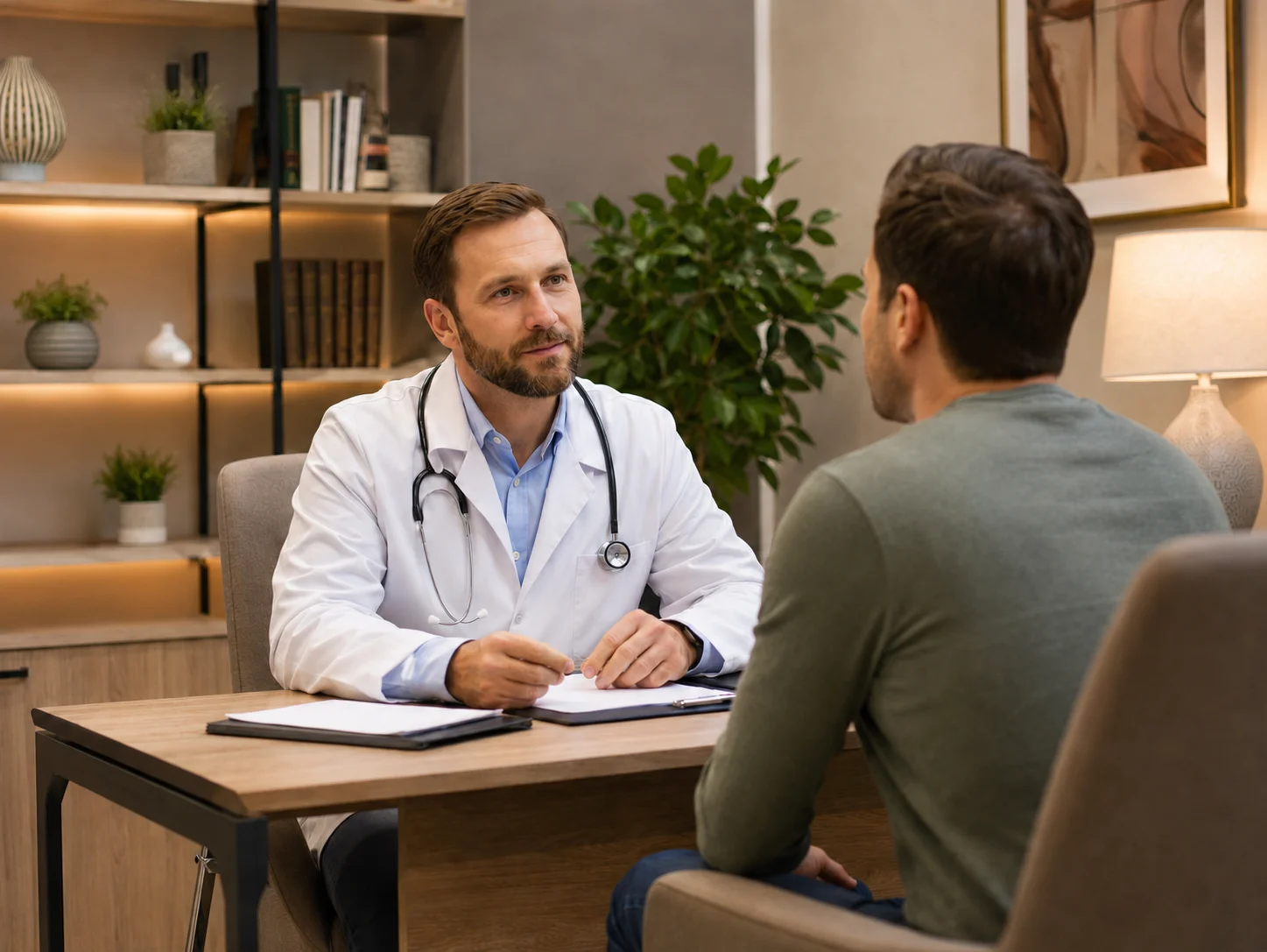 Токсиколог беседует с пациентом в светлом уютном кабинете, создавая атмосферу доверия, спокойствия и профессиональной поддержки.